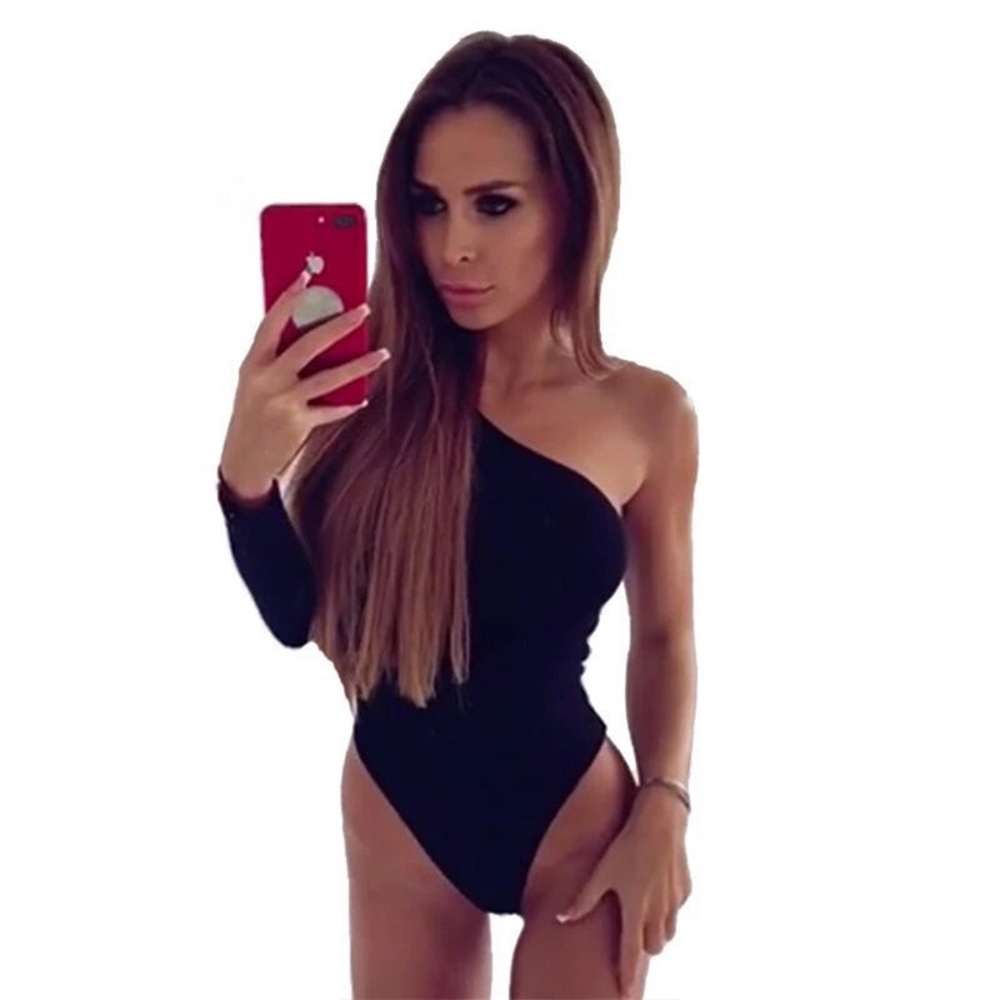 Black bodysuit one sleeve open shoulder size medium and large NWT - Picture 1 of 13